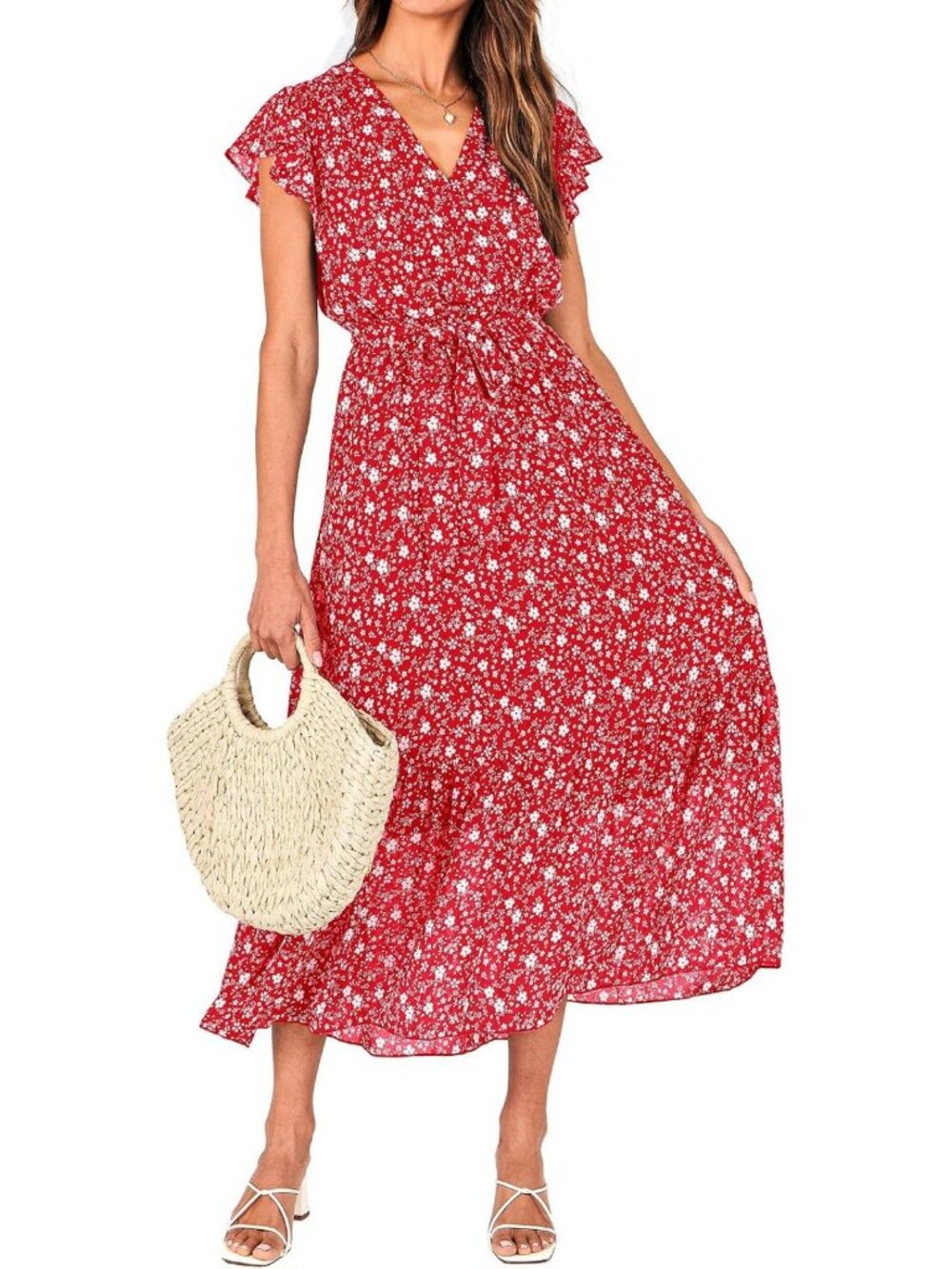 Chic Summer Wrap V-Neck Ruffle Cap Sleeve Midi Dress with Belt - Perfect for Any